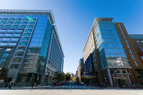 Corporate event photography Washington DC cityscape showing modern buildings and business district