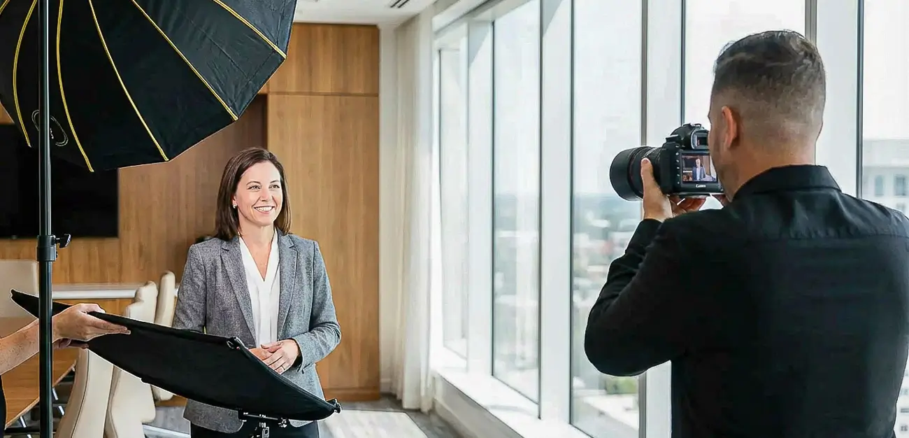 Luis Rivas photographing a corporate headshot session in Washington DC with professional lighting on location