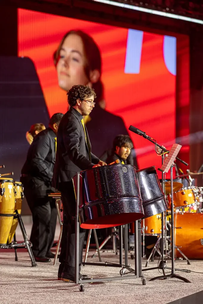 Live entertainment performance at a Washington DC corporate gala with professional stage lighting and LED backdrop