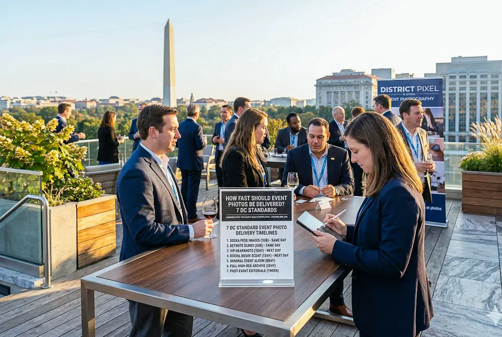 Corporate networking event on a rooftop in Washington DC with professionals gathered near high-top tables and monument views