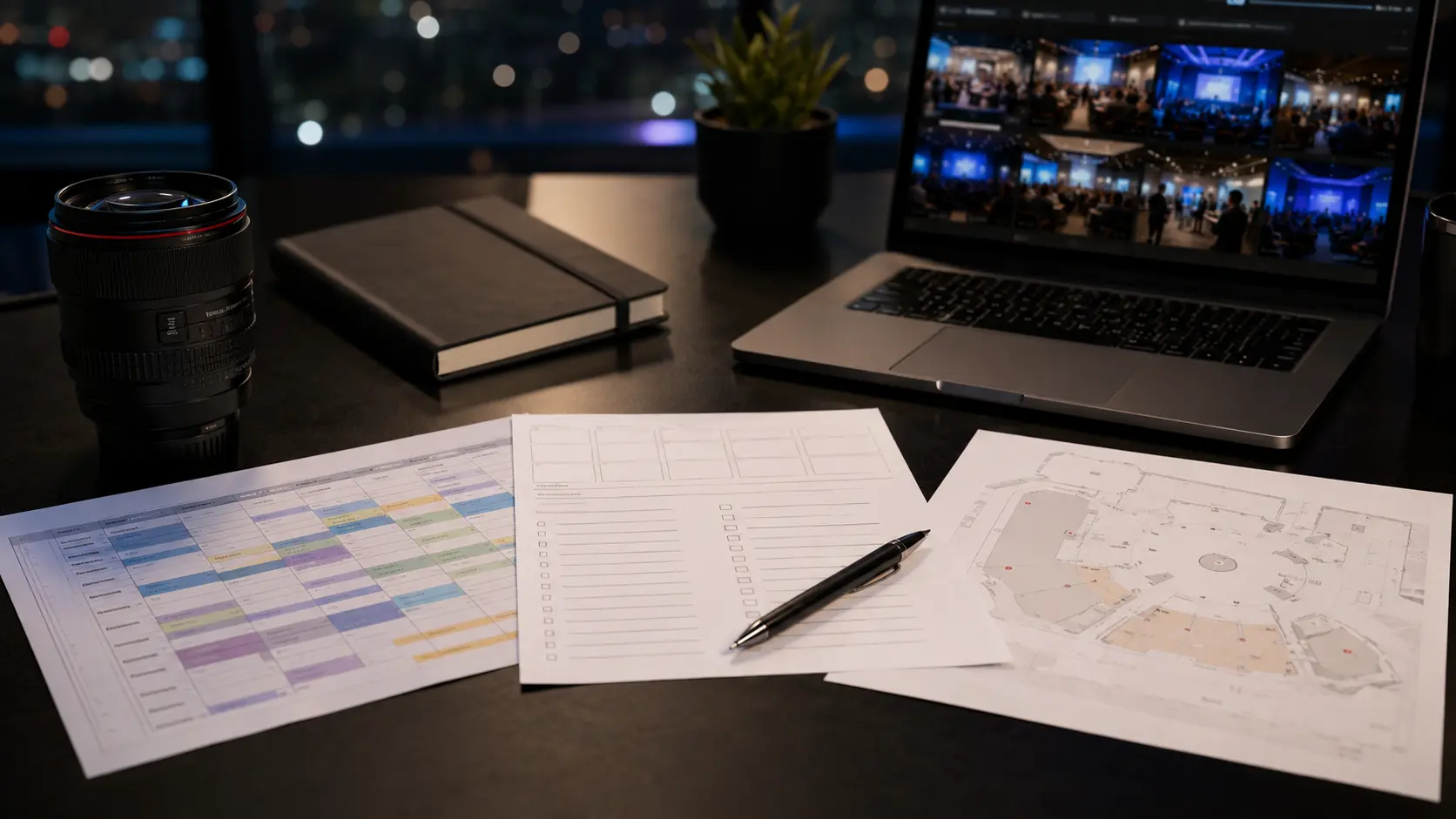 Corporate event photography planning desk with a shot list, event timeline, venue floor plan, camera lens, and laptop