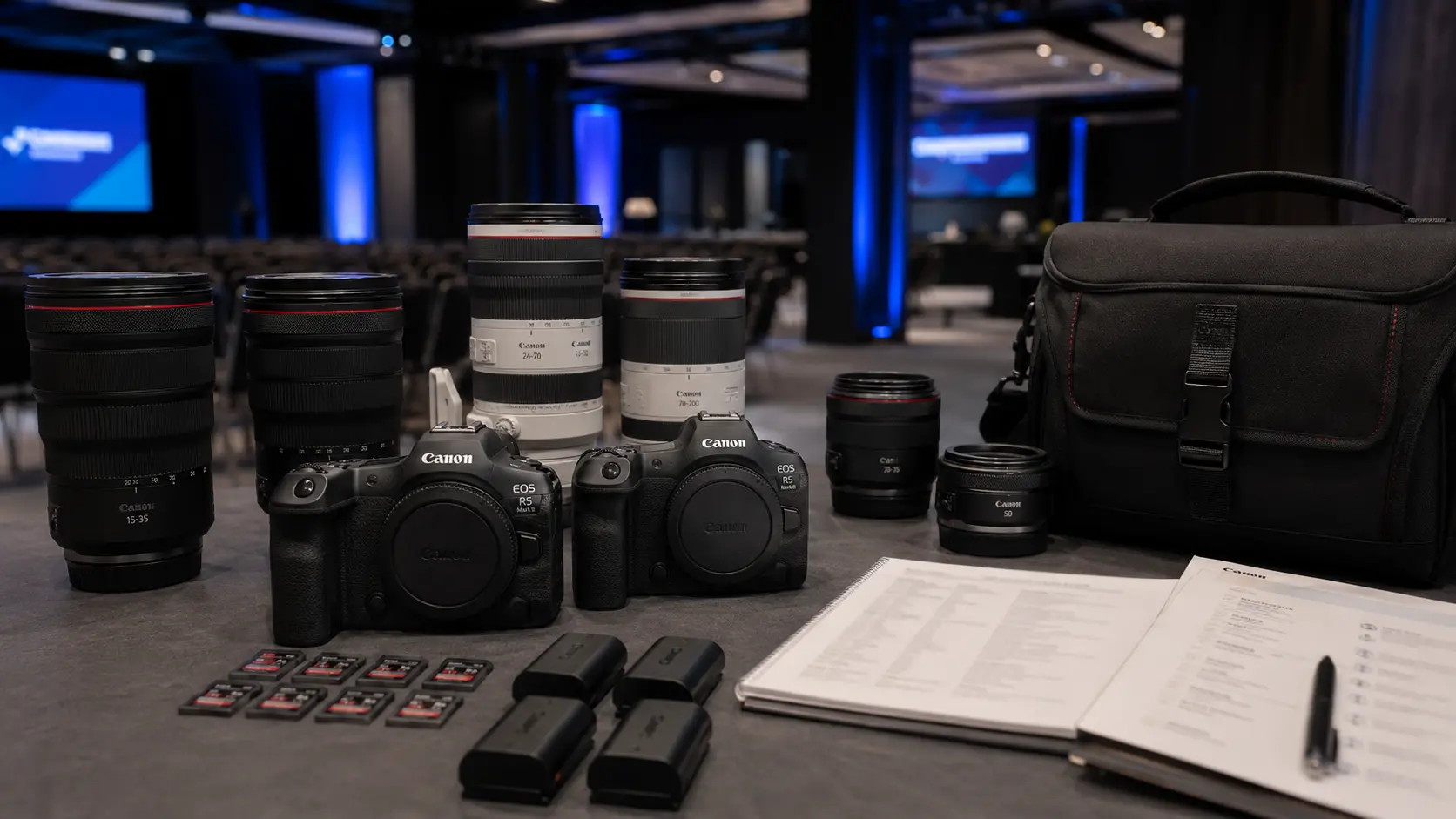 Professional event photography backup camera kit prepared before a Washington DC corporate event