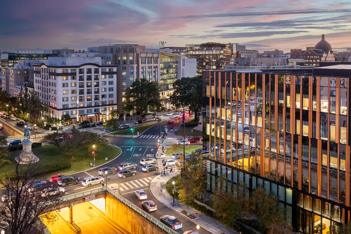 Washington DC city view at sunset from an event venue near a corporate reception location