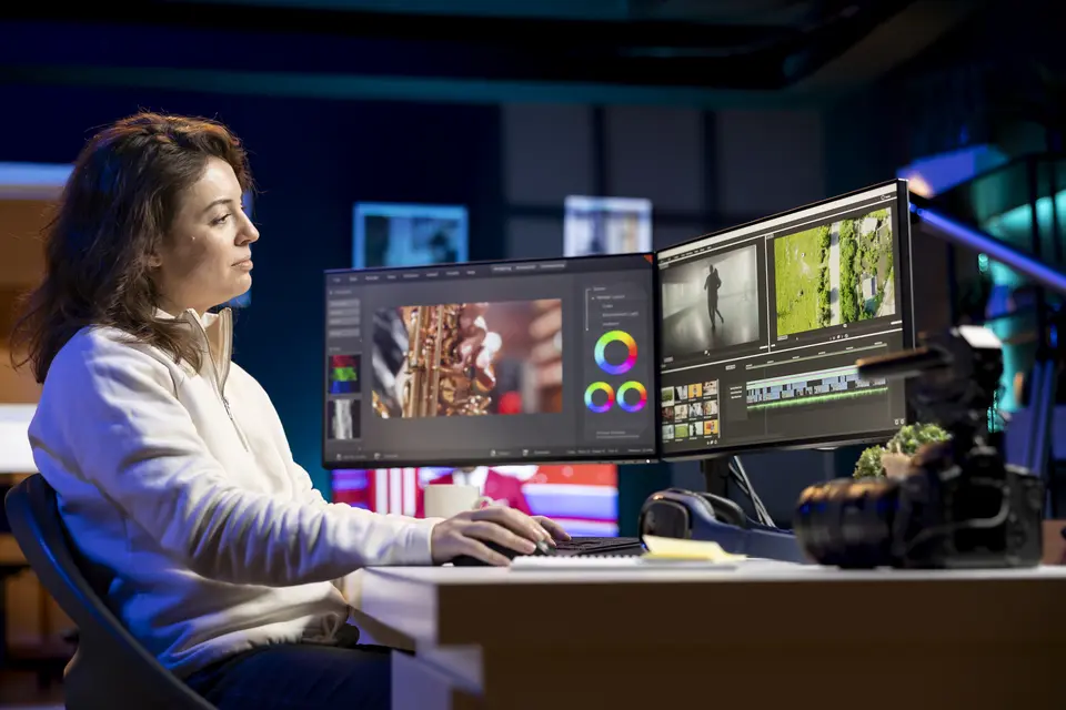 Photo editor working at a dual-monitor post-production workstation with professional editing software