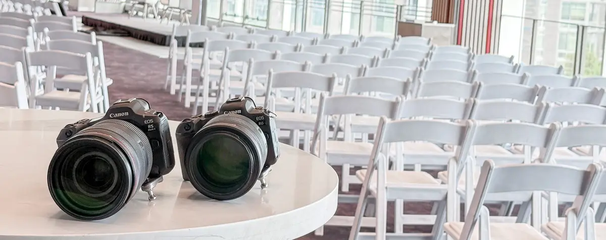 District Pixel Canon camera setup prepared in an event room for corporate event photography in Washington DC