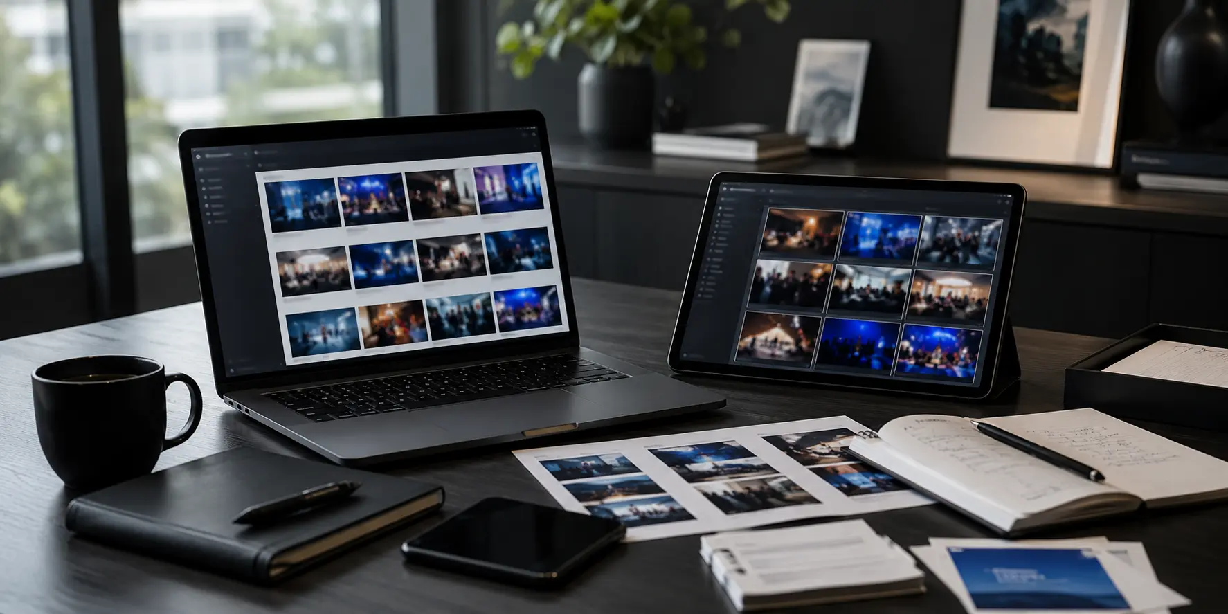 Communications team reviewing an organized event photo gallery on a laptop after a corporate event