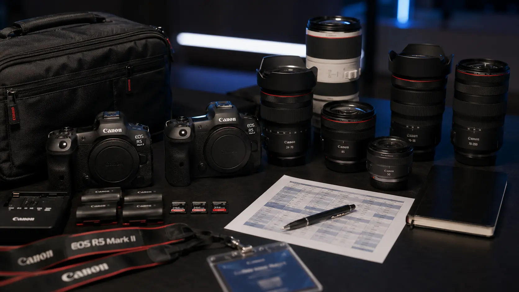 Event photography camera gear, lenses, memory cards, and backup kit prepared for a corporate event