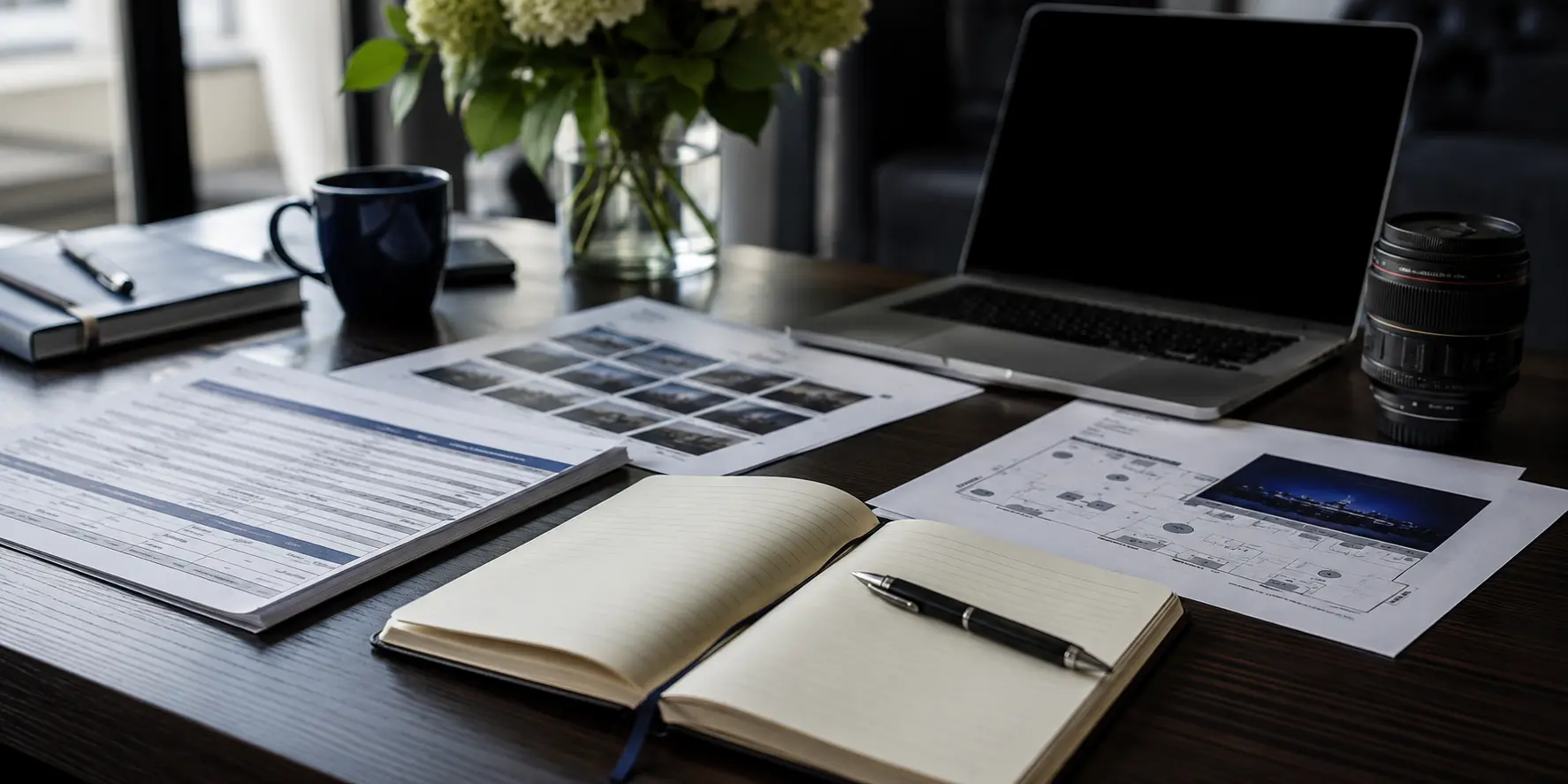 Event photography shot list planning desk with laptop, run of show, and camera lens