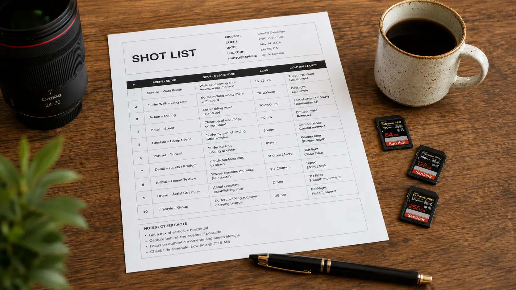 Event photography shot list planning desk with laptop, camera gear, printed run of show, and event notes