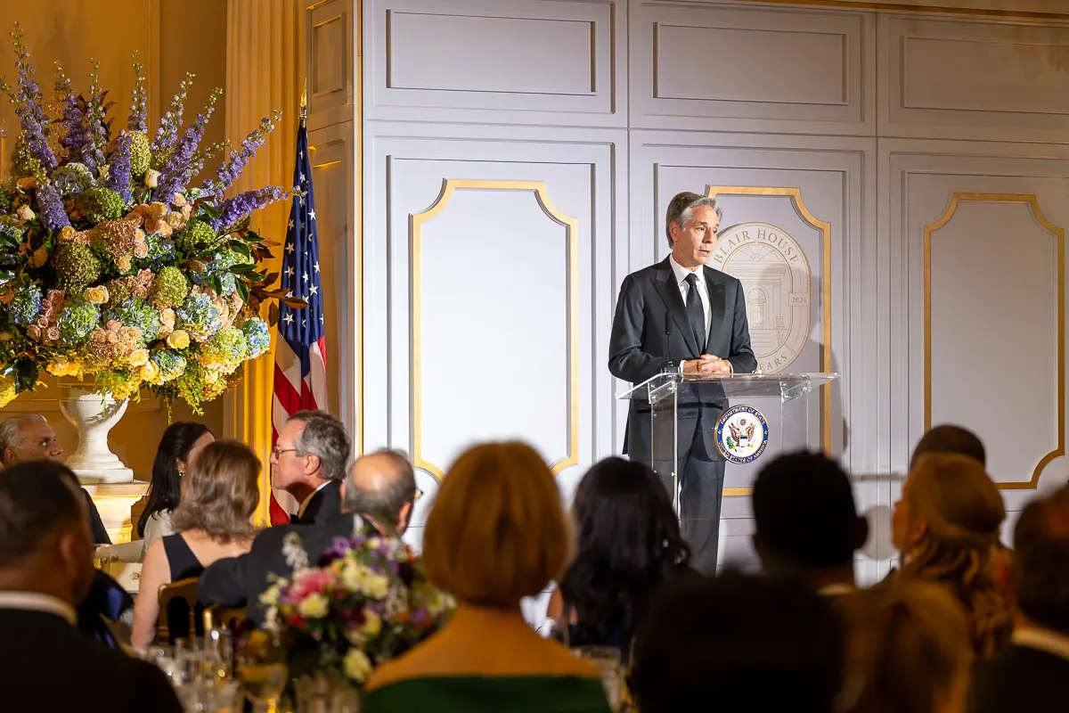 Former Secretary of State Antony Blinken speaking during a Washington DC policy event photographed for association communications