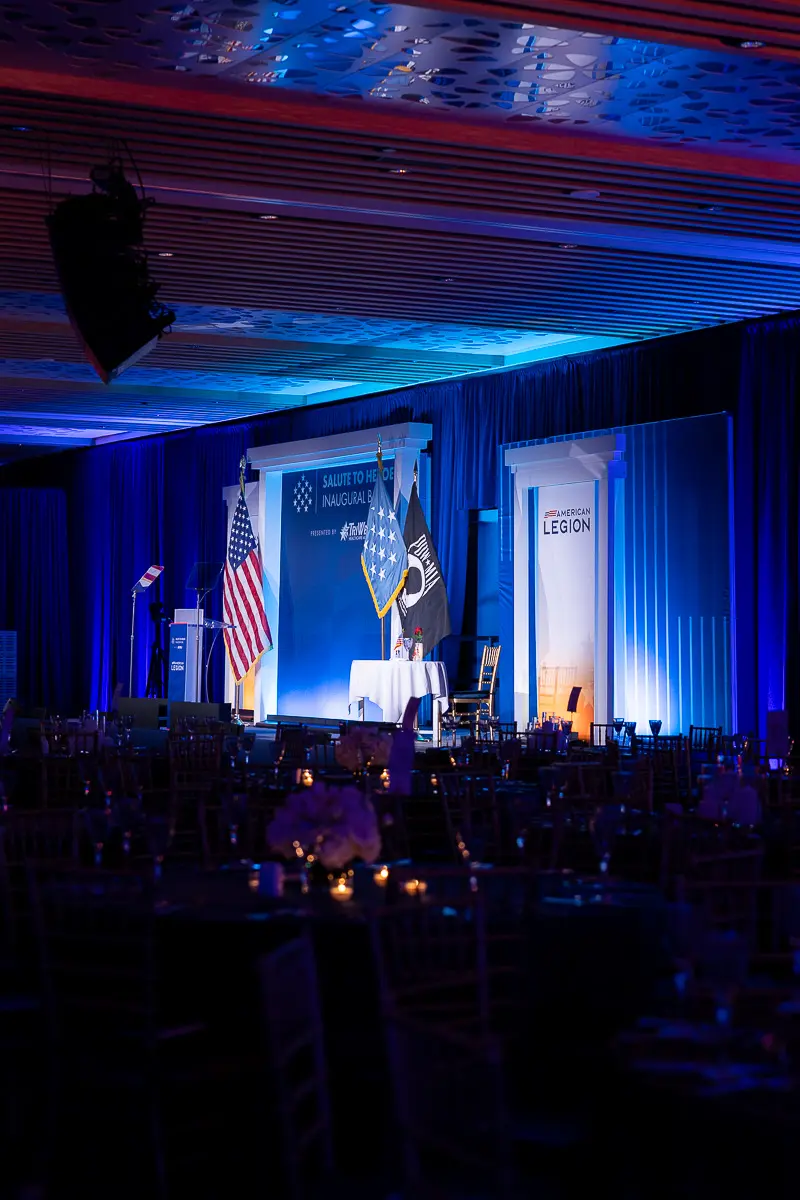 Vertical event setup photograph showing an inauguration ball room prepared at the Westin in Washington DC