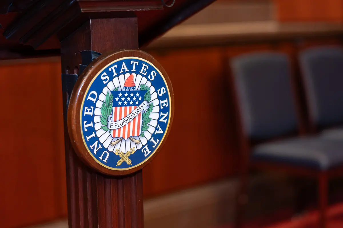 United States Senate podium sign photographed at a government association event in Washington DC