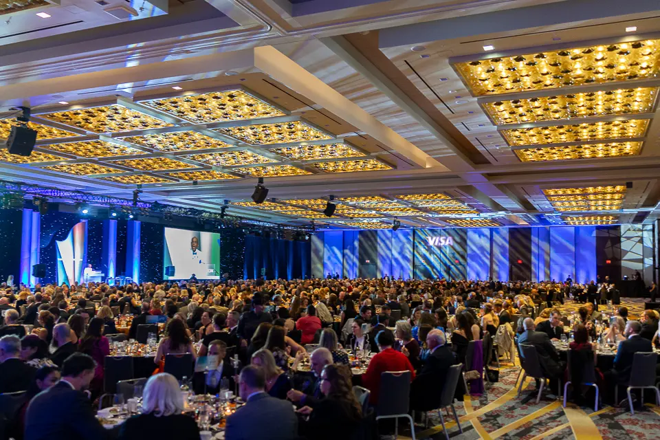 Wide ballroom scene of seated dinner guests during the Herb Wegner Awards 2026 celebration.