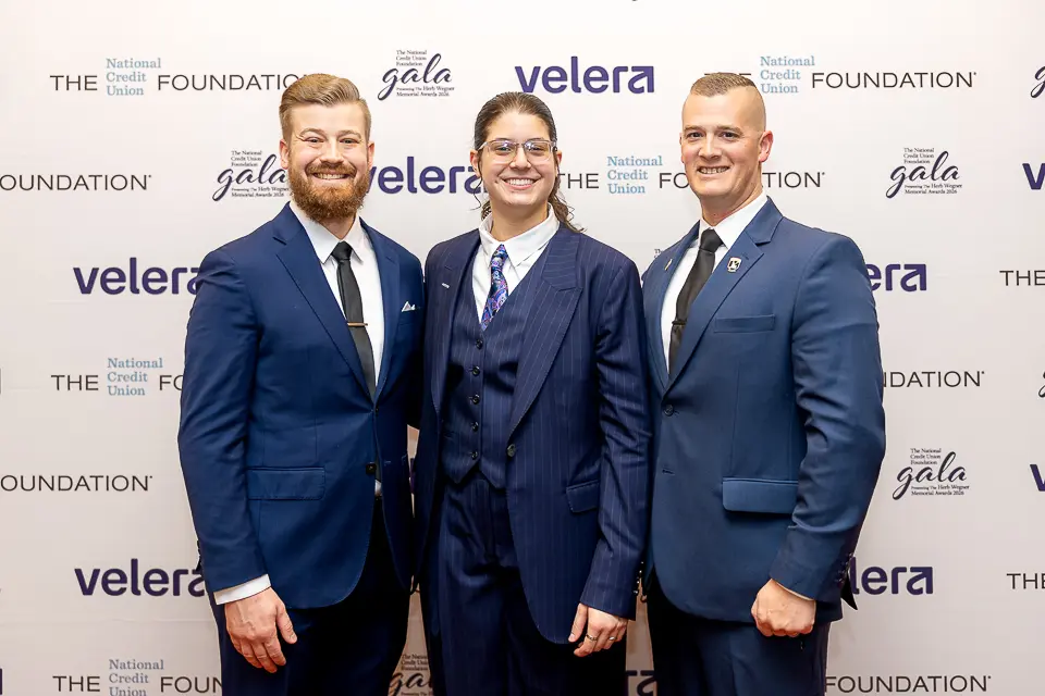 Credit union leaders posing together for a formal group portrait at the Herb Wegner Awards 2026.