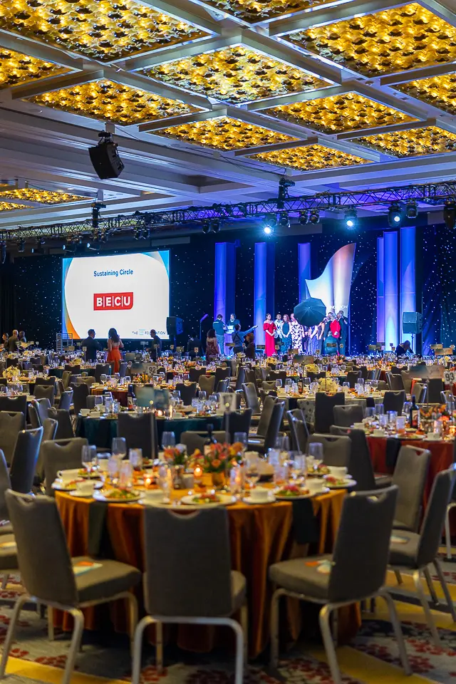 Vertical view of the Herb Wegner Awards 2026 gala ballroom prepared for a formal Washington, DC dinner.