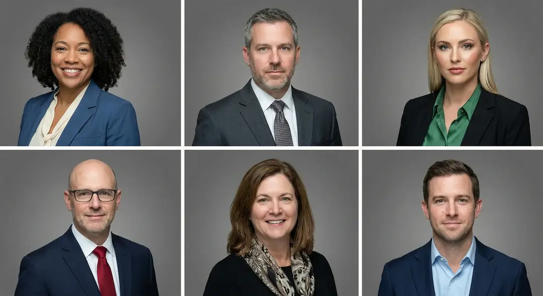 Grid of professional corporate headshots featuring a diverse leadership team photographed against a clean gray background