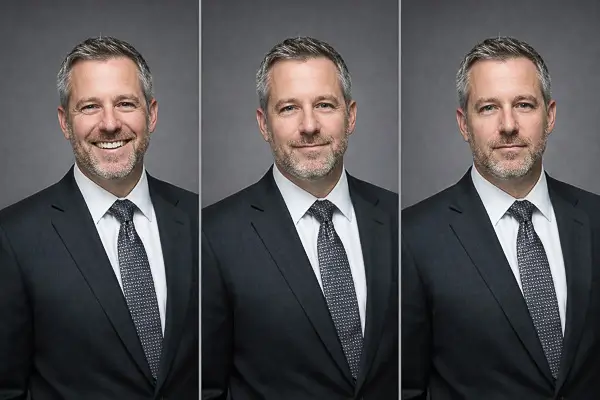Corporate executive headshot photography session in Washington DC showing professional male portrait variations against a gray background