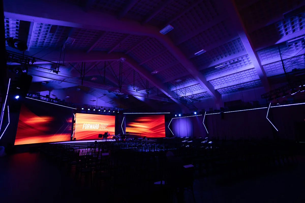 Empty Washington DC event venue before guests arrive, photographed as professional corporate event photography with stage lighting and production details.