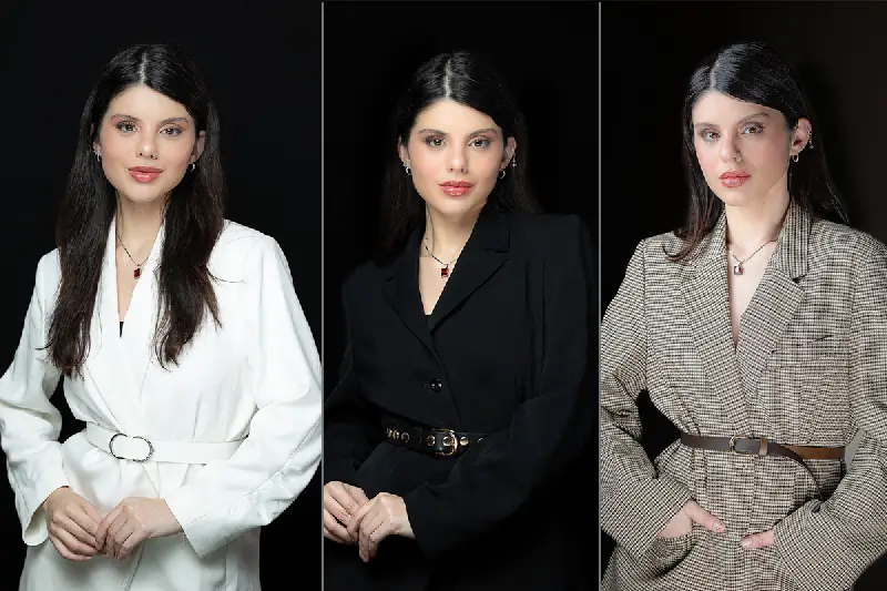 Three professional studio headshots of a woman photographed against a black background showcasing wardrobe versatility