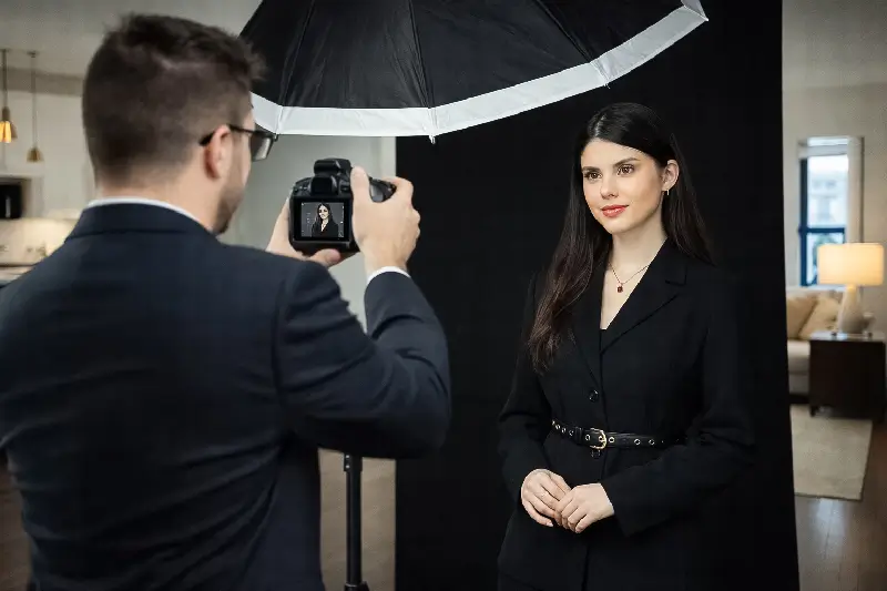 Corporate headshot photography session in Washington DC showing a professional studio portrait with photographer and softbox lighting