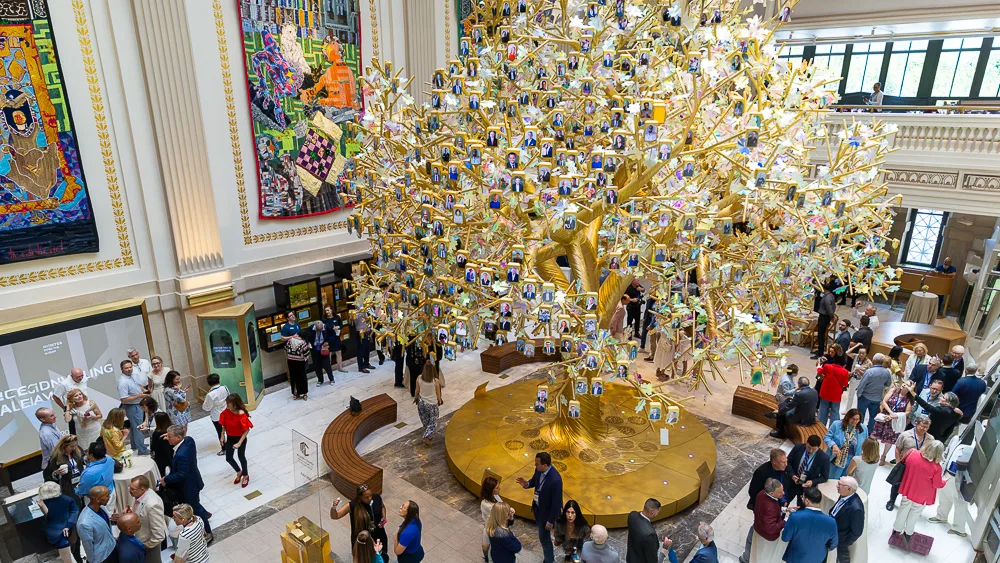Museum reception with guests in a Washington DC gallery atrium